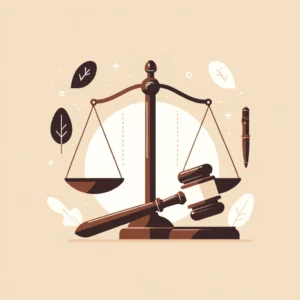 Direitos no sistema de justiça brasileiro, com símbolos como a balança e o martelo