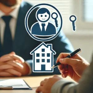 um cenário de reunião amigável entre um inquilino e um proprietário em ambiente profissional.